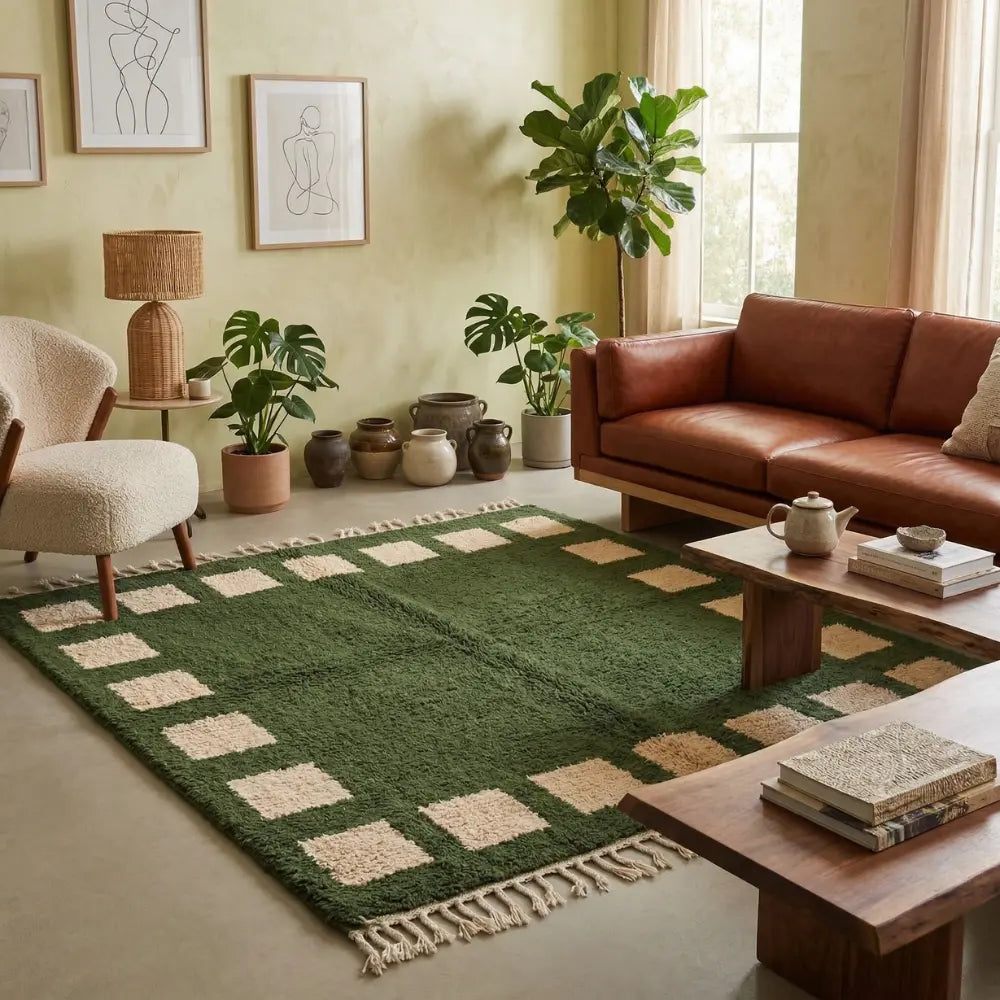 Tapis Vert Forêt Beni M'Guild — Motifs Beiges